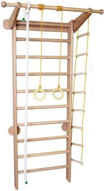 Klimspeel Wereld - Klimrek Uniek met Touwset - Klimtoestel Sportwand Sportram met optrekstang pull up bar tot 130 kg - Klimrek met Touwset - kleur vernis