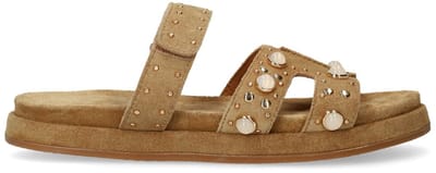Manfield - Dames - Cognac suède slippers met bandje - Maat 36