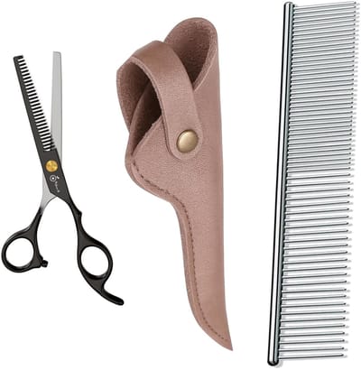 Professor Q – Professionele Effileerschaar – Uitdunschaar Kapper Rechtshandig – Zwart met Luxe Lederen Etui – 16,5 cm – Brons + Anti-Klit Kam – Pijnloos & Huisdiervriendelijk
