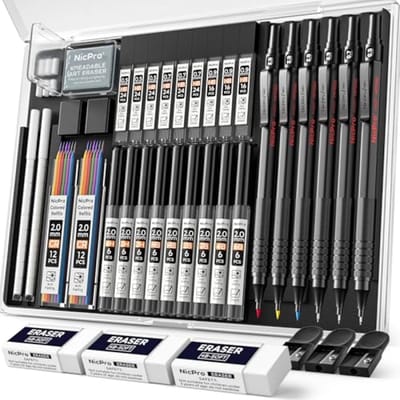 PromoHome 35-delig metalen mechanische potloden set in etui - 0,5, 0,7, 0,9 & 2,0 mm - 20 buisvullingen (6B-4H) - Zwart