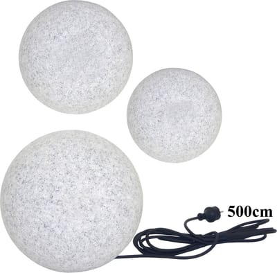 Trango Set van 3 IP65 tuinbol 23500GB graniet steenlook *NATURE* bolvormige lamp met 20/30/50cm diameter incl. 1x 4 Watt E27 LED lamp per stuk & ca. 5 Meter IP44 Kabel, Tuinlicht, Lichtbal, Tuinlamp