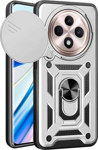 MobyDefend Hoesje - Geschikt voor Oppo Reno12 F - Pantsercase Met Draaibare Ring - Zilvergrijs