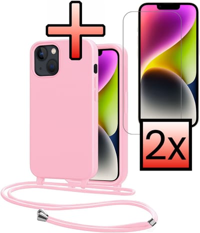 Hoes Geschikt voor iPhone 13 Mini Met Telefoonkoord Met 2x Screenprotector - Siliconen Hoesje Backcover Met Ketting - Lichtroze