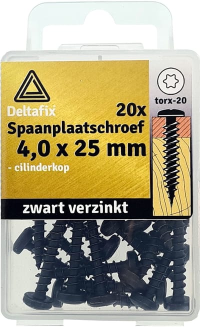 Deltafix spaanplaatschroeven 4,0 x 25 mm - zwart verzinkt - cilinderkop - Torx - 20 stuks