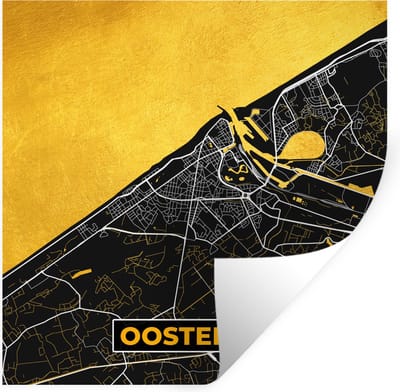 Muurstickers - Sticker Folie - Kaart - Oostende - Plattegrond - Stadskaart - Goud - 100x100 cm - Plakfolie - Muurstickers Kinderkamer - Zelfklevend Behang XXL - Zelfklevend behangpapier - Stickerfolie