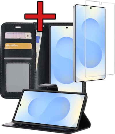 Hoesje - Met Screenprotector - Geschikt voor Samsung Galaxy S25 Ultra - Luxe Pasjeshouder - Flipcase - Bookcase Portemonee - Flip Case - Kunstleer Book Case - Book Cover - Walletcase - Portemonneehoes - Telefoonhoes - Zwart