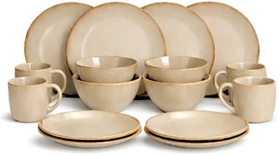 Mica Decorations Racco Serviesset - Steengoed Borden en Soepkommen Set - Vaatwasserbestendig en Magnetronbestendig in de Vaatwasser - 16-delig - 4 Personen - Rond - Beige