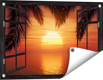 Gards Tuinposter Doorkijk Zonsondergang op het Strand met Palmbomen - 60x40 cm - Tuindoek - Tuindecoratie - Wanddecoratie buiten - Tuinschilderij