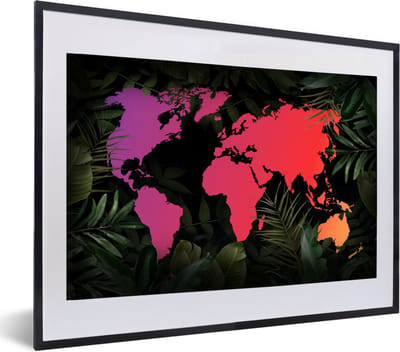 Poster in lijst - Fotolijst 60x40 cm - Posters - Wereldkaart - Kleuren - Planten - Posterlijst zwart - Decoratie - Wanddecoratie woonkamer - Muurdecoratie slaapkamer
