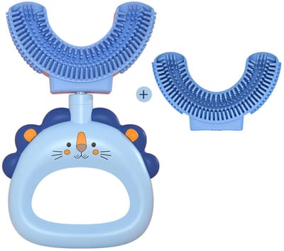 Kinder U-vormige tandenborstel - Voedselveilige zachte silicone borstelkop - Verwisselbare handmatige trainingstandenborstel met vervangbare borstelkop - 360° mondreinigingsontwerp - Voor peuters en kinderen van 2-6 jaar - Blauw