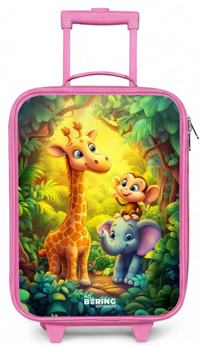 NoBoringSuitcases.com® - Kinderkoffer roze - Kindertrolley meisje - Giraf, olifant en aapje in het bos - Koffer kind lichtgewicht - Reiskoffer trolley voor kinderen - Koffertje met lichtgevende wieltjes - Rolkoffer