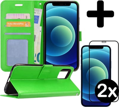 Hoesje - Met 2x Screenprotector - Geschikt voor Apple iPhone 12 - Luxe Pasjeshouder - Flip Case - Bookcase Portemonee - Kunstleer Book Case - Flipcase Hoes - Book Cover - Walletcase - Portemonneehoes - Telefoonhoes - Groen