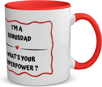 Akyol - i'm a bonusdad what's your superpower? koffiemok - theemok - rood - Papa - super bonusvader - vader cadeautjes - vaderdag - verjaardag - geschenk - kado - 350 ML inhoud