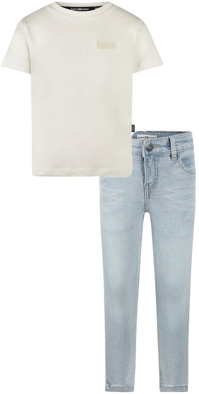 Koko Noko - Kledingset - Basic Collection - Bio Cotton - Blue jeans - Shirt korte mouw Off white - Maat 92