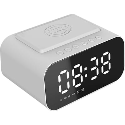 Horloge de bureau, haut-parleurs sans fil BT5.0, chargeur sans fil, réveil, Radio FM, lecteur MP3
