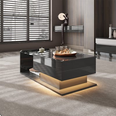 DESMIU Salontafel - In Hoogglans Met Verstelbare Hoogte En Ledverlichting - Voor Woonkamer En Thuiswerken - Spaanplaat En Glas - 100x50x47,5 Cm - Zwart