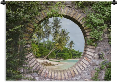 Wandkleed - Wanddoek - Palmbomen - Tropisch - Doorkijk - Strand - 120x90 cm - Wandtapijt