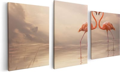 Artaza Canvas Schilderij Drieluik Twee Flamingo's in een Hartjes Vorm  - 120x60 - Foto Op Canvas - Canvas Print