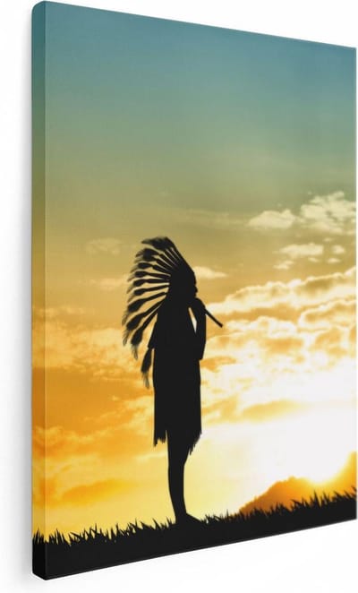 Artaza Canvas Schilderij Zonsondergang - 30x40 cm - Klein - Wanddecoratie Indianen - Muurdecoratie Silhouet - Kamer Accessoires Natuur