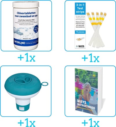 Zwembad Onderhoudspakket - Onderhoud Zwembad - bevat Chloor - Testrips - Chloordrijver en Zwembadgids (4-delig)
