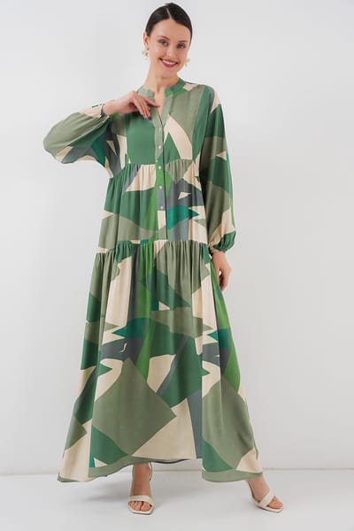 Geprinte V-hals Maxi-jurk met knoopsluiting