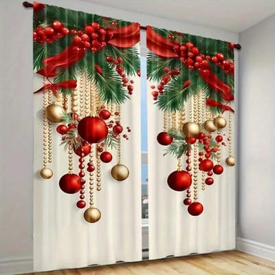 2-delige kerstgouden bel 3D digitaal geprint gordijn Klassieke stijl polyester gordijn, slaapkamer woonkamer vloer gordijn W50H130(CM)x2PCS&Hook white