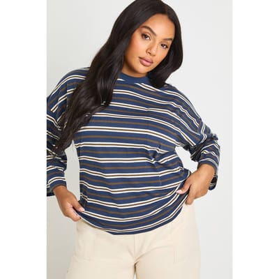 boohoo Dames Plus Gestreepte Katoenen Top met Borstzak en Lange Mouwen | Marineblauw | Maat: 44