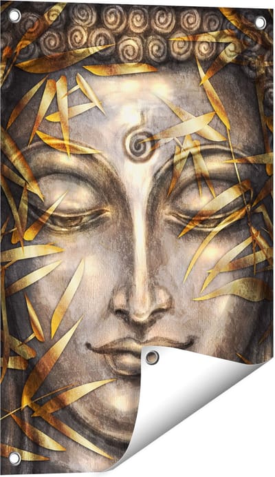 Gards Tuinposter Boeddha Beeld met Gouden Bladeren - 40x60 cm - Tuindoek - Tuindecoratie - Wanddecoratie buiten - Tuinschilderij