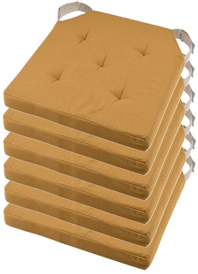 Stof Textile stoelkussen DUO - 6x - okergeel - 38 x 38 x 4 cm - klittenband sluiting - zitkussens - binnen/buiten