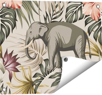 Gards Tuinposter Tropisch Getekende Olifant - Abstract - 50x40 cm - Tuindoek - Tuindecoratie - Wanddecoratie buiten - Tuinschilderij
