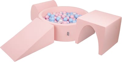 KiddyMoon schuimspeelplaats met ronde ballenbak (200 ballen) ballenbakken voor baby's speelbad hindernisbanen, made in the eu, roze:babyblue/powderpink/parelmoer