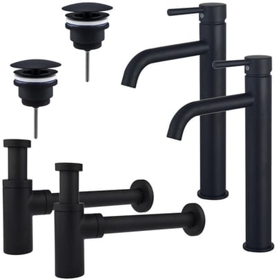 FugaFlow Eccelente Sobrado Badkamer Wastafelkraanset - voor dubbele wastafel - verhoogde wastafelkraan - always open plug - design sifon - Mat zwart