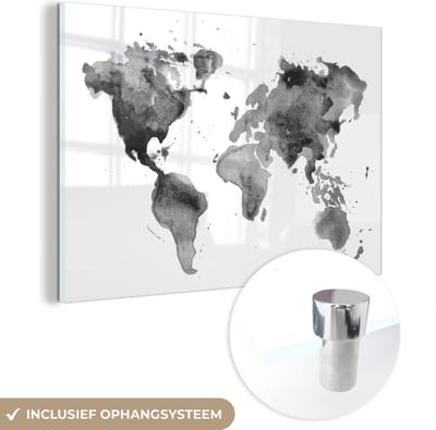 ® Glasschilderij 180x120 cm - Schilderij acrylglas - Wereldkaart - Waterverf - Zwart - Wit - Kinderen - Jongens - Meisjes - Foto op glas - Muurdecoratie woonkamer - Wanddecoratie slaapkamer - Schilderijen