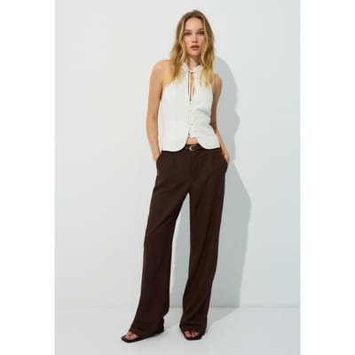 Stradivarius Rechte broek met riem in linnenlook  Bruin 34