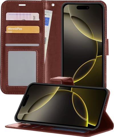 Hoesje - Met Pasjeshouder - Geschikt voor Apple iPhone 16 Pro - Luxe Bookcase Portemonee - Flip Case - Kunstleer Book Case - Flipcase - Book Cover - Walletcase - Portemonneehoes - Telefoonhoesjes - Bruin