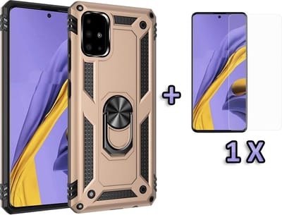 HB Hoesje Geschikt voor Samsung Galaxy A51 - Anti-Shock Hybrid Armor Back Cover - Hoes met Kickstand Ring & Glazen Screenprotector - Goud