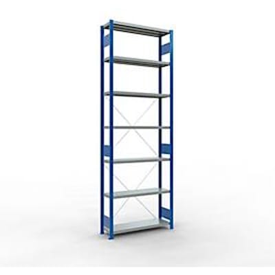 Schulte Lagertechnik boutloos rekkensysteem MultiPlus250, basisrek, 7 legborden, dwarsverbindingen, B 1000 x D 300 x H 3000 mm, gentiaanblauw RAL 5010