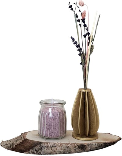 Houten Vaasje met Droogbloemen & Glaasje met (Lichtpaars) Kaarsenzand - Woondecoratie - Sfeer - Pearlsand - Cadeautip