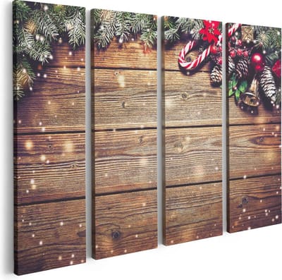 Artaza Canvas Schilderij Vierluik Kerst Sfeer Achtergrond Met Dennenbomen  - 80x60 - Foto Op Canvas - Canvas Print