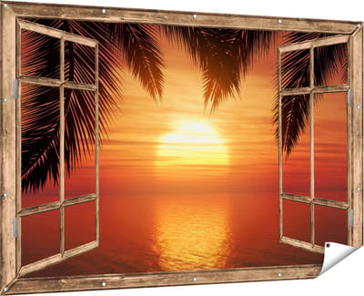 Gards Tuinposter Kosmos Bloemenveld met een Opkomende Zon - 90x60 cm - Tuindoek - Tuindecoratie - Wanddecoratie buiten - Tuinschilderij