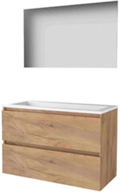 Basic-Line Ultimate 46 Badkamermeubelset - 100 x 46 cm - Greeploos - 2 Lades - Acryl Wastafel - Zonder Kraangat - Spiegel met Indirecte LED Verlichting - Whisky Oak