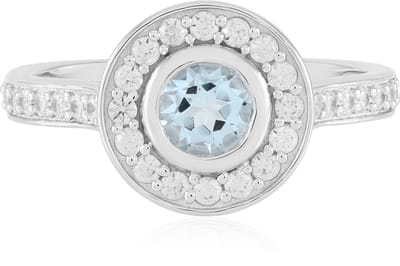 Cavill - Elegante Ronde Ring - 925 Sterling Zilver Geplatineerd - Hemelsblauwe Topaas 0,585 ct & Zirkonia 0,612 ct - Zilveren Sieraden Met Edelsteen