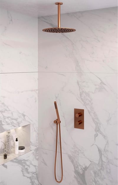 Brauer Copper Edition thermostatische inbouw regendouche 3-weg omstelling SET 30 met 30 cm douchekop en plafondarm en staaf handdouche en doucheslang en wandaansluitbocht koper geborsteld PVD