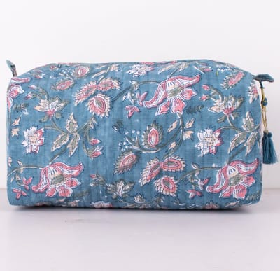 Bambooya make-up tas - Bohemian - Ibiza Style - Made in India - Tassel - Blauw met bloemen - Small ( 17 x 12 x 7 cm )