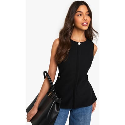 boohoo Dames Getextureerd gilet zonder mouwen met gouden knoop en getailleerde taille | Zwart | Maat: 36