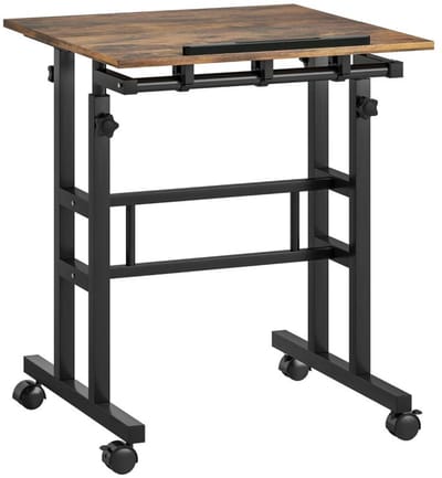In hoogte verstelbaar bureau bijzettafel bureau 60×60×70,5–120 cm vintagebruin met wielen en legplank draaiknopverstelling kantelbaar werkblad stevig duurzaam metalen frame geschikt voor studeerkamer kantoor en thuisgebruik