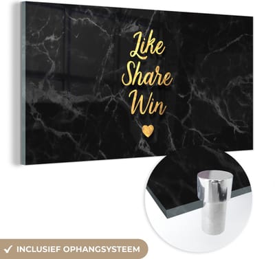 MuchoWow® Glasschilderij 40x20 cm - Schilderij acrylglas - Social Media - Actie - Goud - Marmer - Foto op glas - Schilderijen