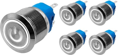 ProRide Drukschakelaar ON-OFF 220V - 22mm Metaal - Waterdicht - LED Ring Wit - 5 stuks