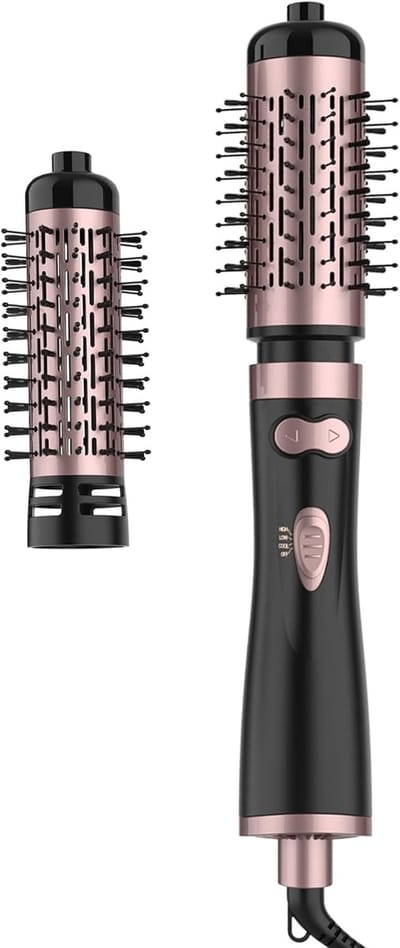 Draaiende föhnborstel, 4-in-1 föhn en roterende borstel, roterende föhnborstel met 2 afneembare borstels (3,8 cm en 5 cm), zwart
