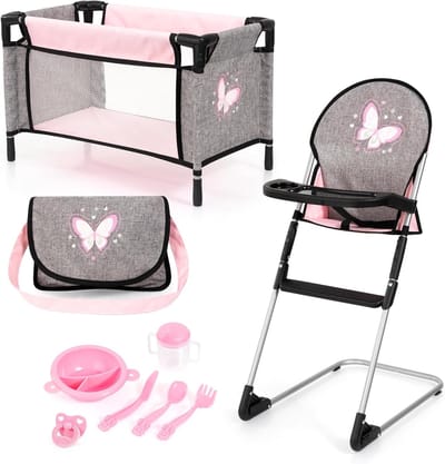 Complete Poppen Accessoires Set: Kinderstoel, Poppenbedje en Verzorgingsartikelen voor Poppen tot 42 cm